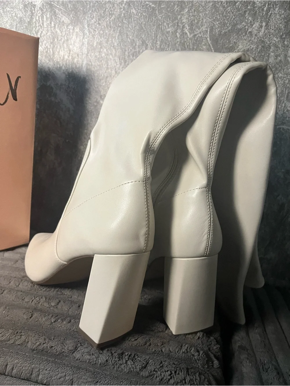 Wild Pair Cream Knee-High Pointed Toe Block Heel Boots